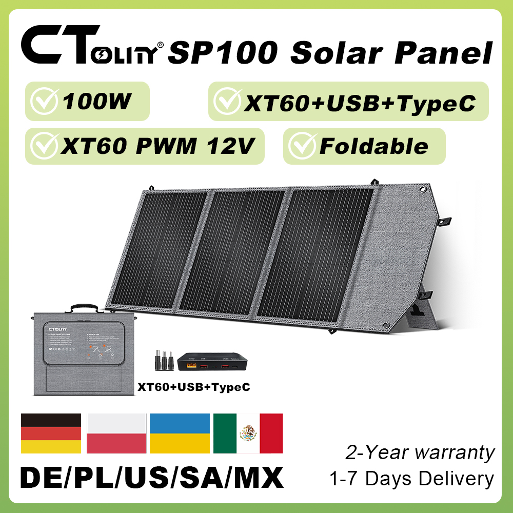 Folding Solar Panel - CTOLITY 100W แผงโซลาร์เซลล์พร้อมพอร์ต XT60 USB Type