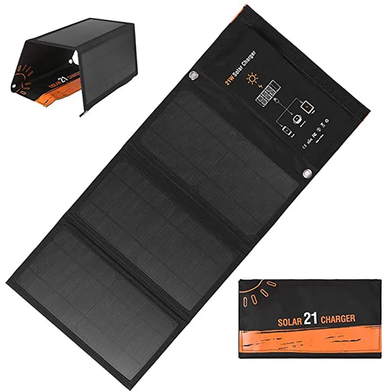 Folding Solar Panel - แผงโซลาร์เซลล์ 21W แบบพับได้ กระเป๋าชาร์จโทรศัพท์มือถือกลางแจ้ง แผงโซลาร์เซลล์แบบพกพา ช่องเสียบ